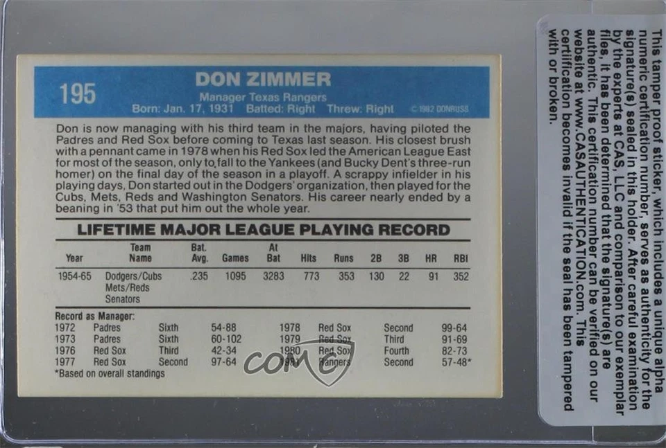 CAS Certified 1982 Donruss Don Zimmer #195 Sealed Auto - Image 2 of 2