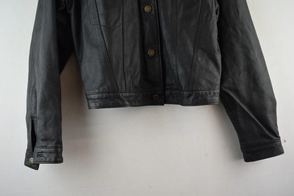 The Outer Egde Womans Cropped Collared Leather Trucker Jacket Size S - Image 3 of 4