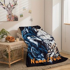 Customizable Wolf Print Flannel Throw Blanket, Personalized Name, Digital Prin