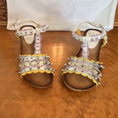 Patrizia by Spring Step Studded Wedge Sandals White Yellow Silver Size 9