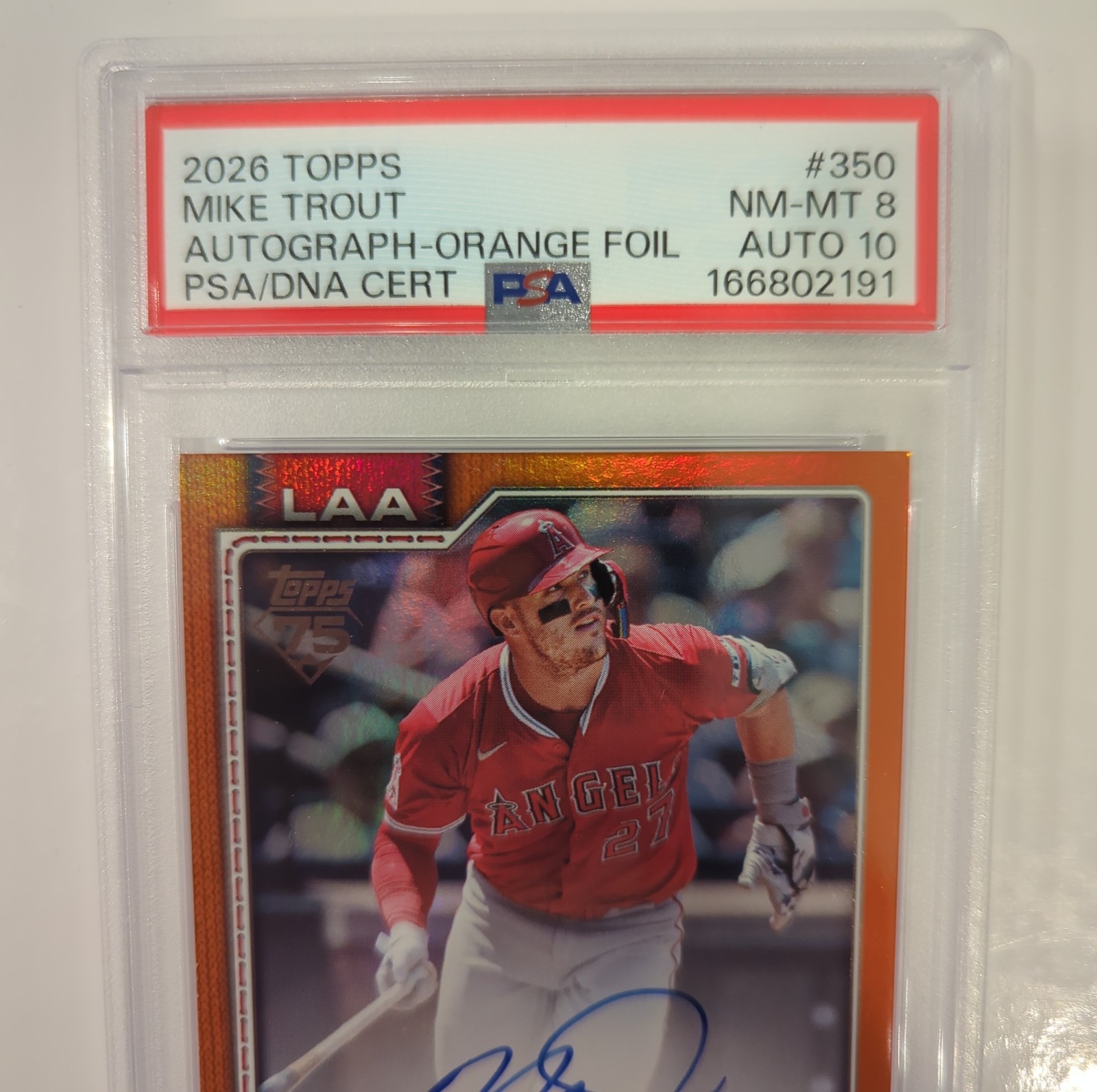 2026 TOPPS MIKE TROUT ORANGE ON CARD AUTO /25 PSA 8 AUTO 10 #25/25 LAST MADE SSP view 3