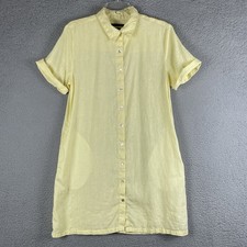 Tahari 100% Linen Shirt Dress Womens M Yellow Short Sleeve Semi Sheer Pockets