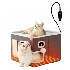 Heated Cat House Indoor Cat Cave Bed with Heating Pad Grey 24H Timer & 6 Temp