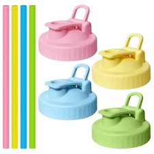 4 Pack Wide Mouth Mason Jar Lids with 4 Silicon Straws, Pour Spout Flip-top R...