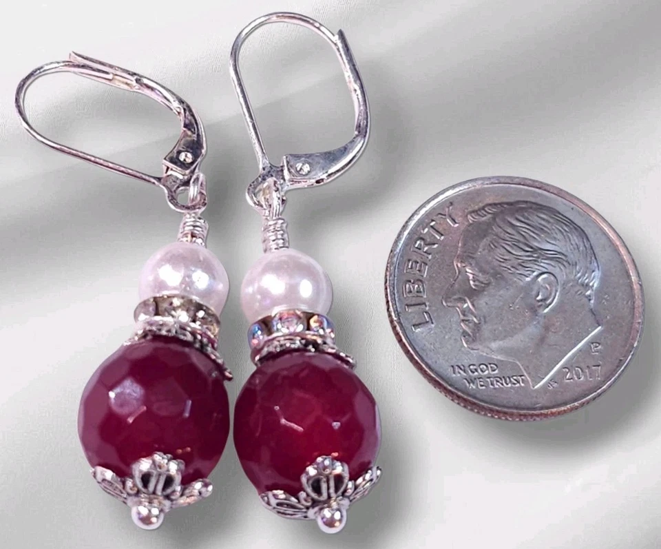 Pendientes de piedras preciosas y perlas de jade rojo plata con cierre de palanca hechos a mano joyas de Navidad Foto 4 de 4