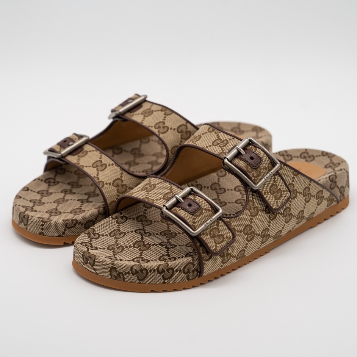 size 11G 11.5 US Gucci GG Canvas Slide Sandals Straps Beige Ebony