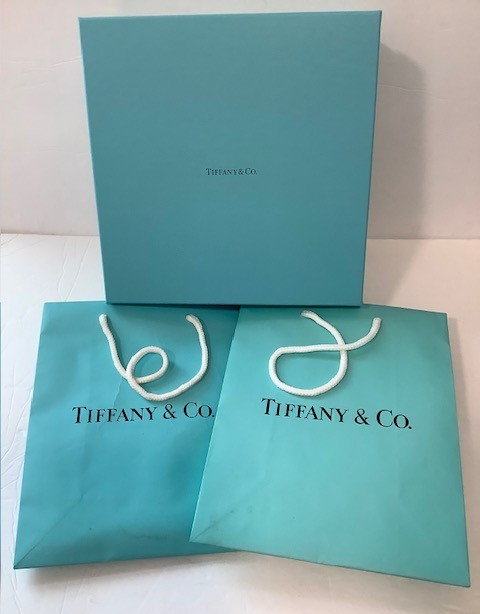 TIFFANY & CO EMPTY GIFT BOX 10x10x3.5 TISSUE RIBBON, 2 BAGS W/HANDLES 10x8x4