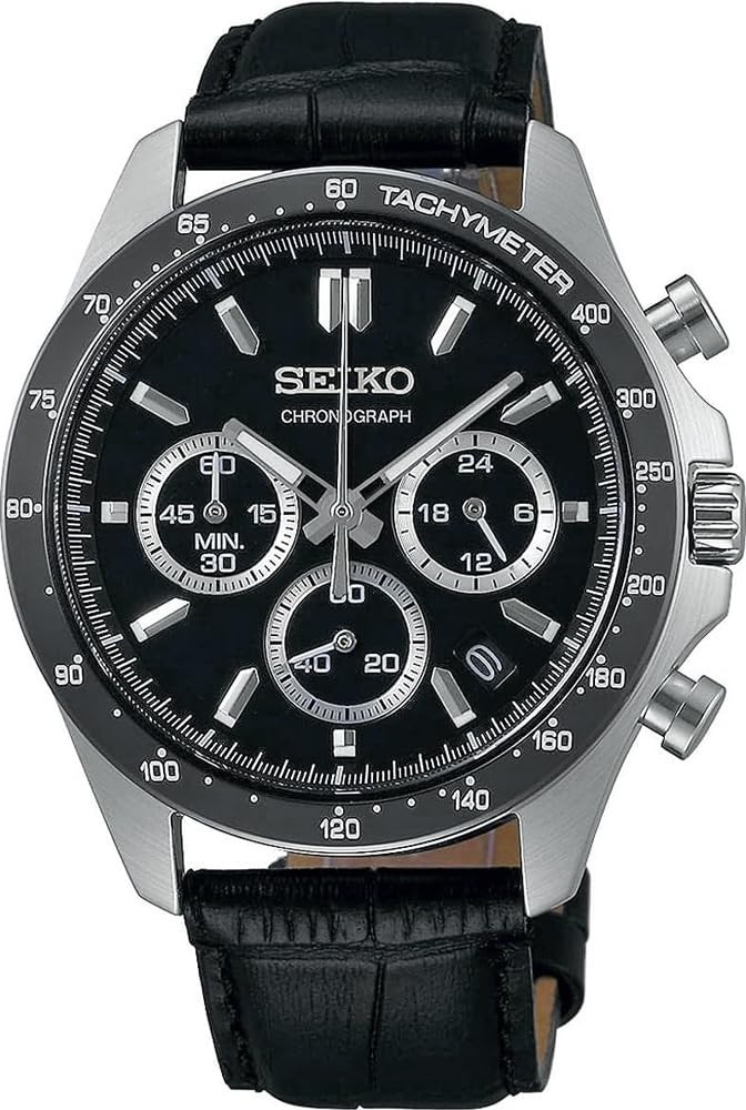 SEIKO Quartz Sec 1/5 Leather Watch Black Mens Chronograph SBTR021 - vintagewatches.pk
