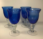 Set of 4 Vintage Cobalt Blue Bubble Glass Goblets 7 in.