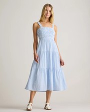 Quince Organic Cotton Gauze Smocked Sleeveless Maxi Dress Blue/White Stripes S