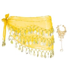 Belly Dance Hip Scarf 55x10" with 98 Gold Coin  Bracelet, Yellow
