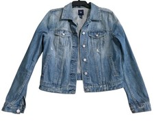GAP Factory Women's Blue Denim Jeans Destroyed Jacket Lslv Sz M