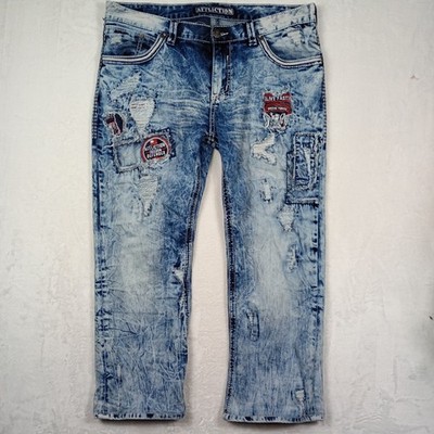 Affliction Freedom Defender Distressed Acid Wash Blue Denim Jeans Mens Patches