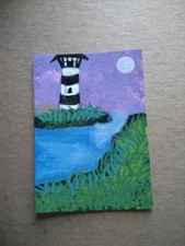 ACEO Original Acrylic Painting Landscape Miniature Art Card ATC Lighthouse 3