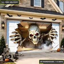Halloween Garage Door Cover 16x7 FT, Realistic Garage Scene Design