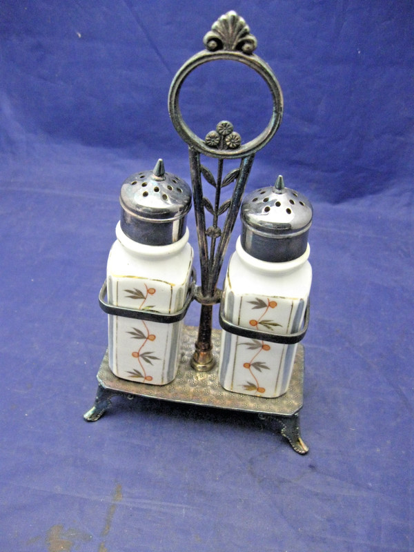 Antique Salt & Pepper Shakers in a Silverplate Frame w Handle - J.A. Eisenharet