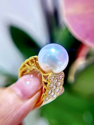 Aurora white hue green pink lustre 13-14mm Aus south sea pearl ring G18K Diamond - Picture 2 of 5