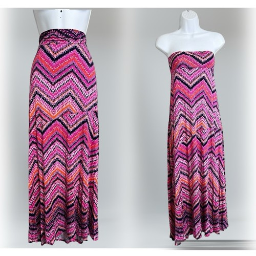 New Directions Maxi Skirt Size M Pull On Pink Multicolor Chevron Print READ - Picture 2 of 11