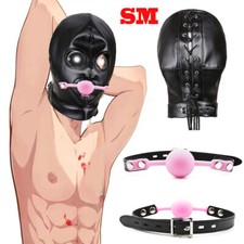 Unisex Leather Hood Headgear Blindfold Head Harness Mask Open Mouth Bondage Gag