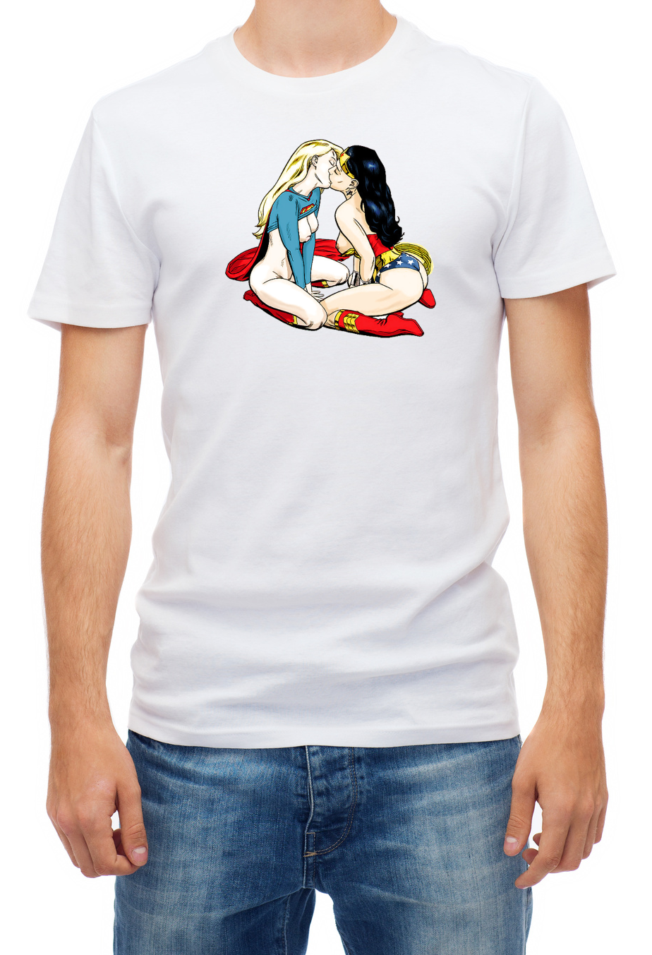 Lesbian Supergirl and Wonder Woman Kissing T Shirts for Men K375