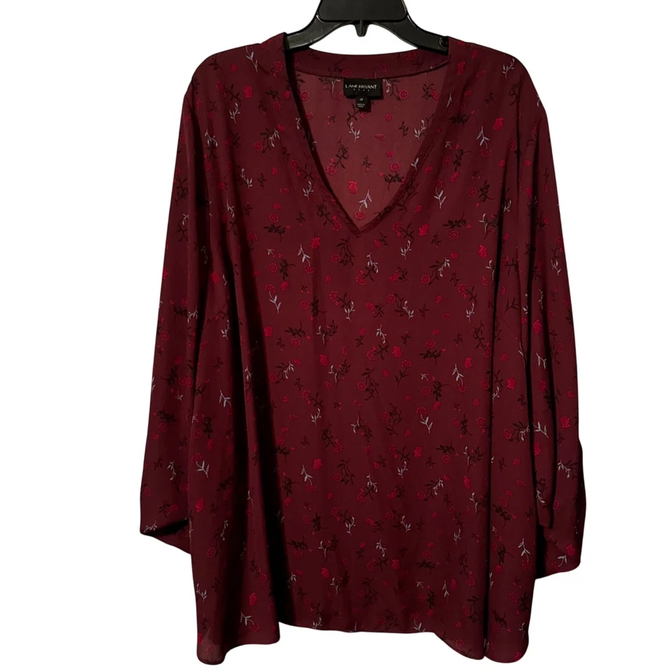 Blusa Lane Bryant para mujer 28W estampado floral borgoña cuello en V Foto 2 de 4