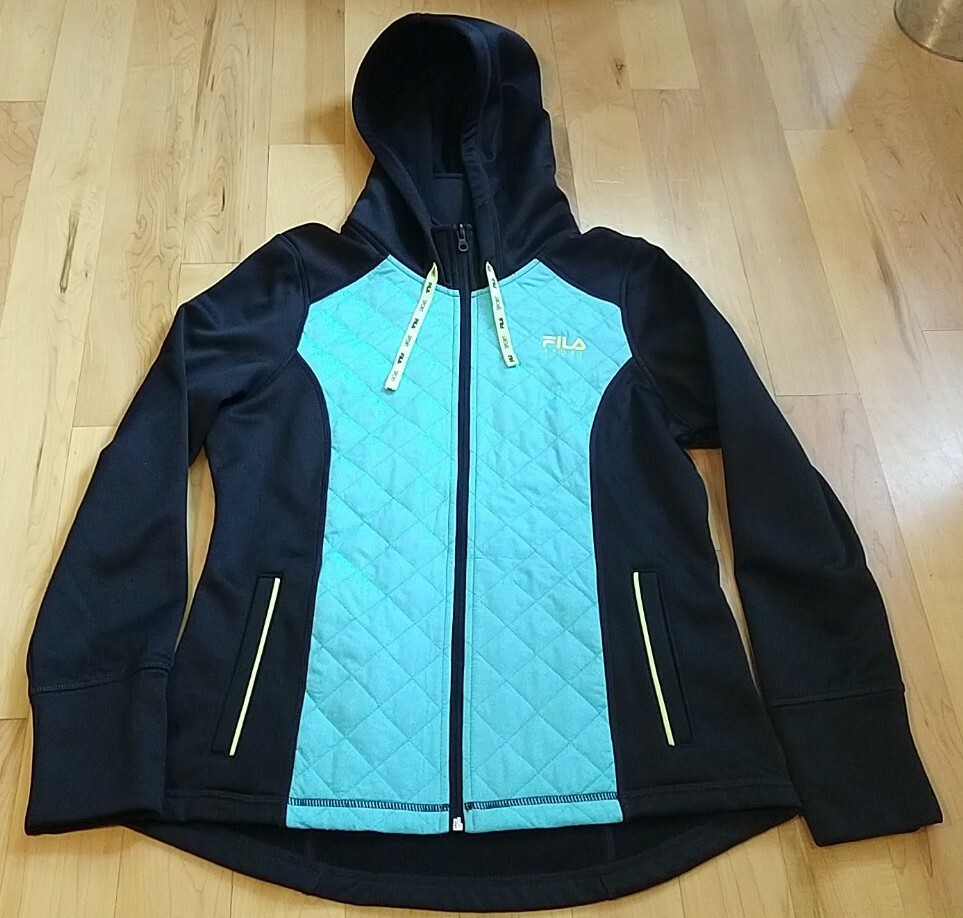 Fila Sport Woman's Black Turquoise Yellow Full Zip Hooded Jacket Size M