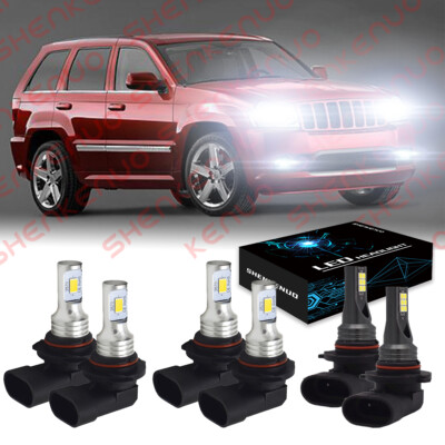 For Jeep Grand Cherokee 2005-2010 6x 6000K Bulbs LED Headlight Hi/Lo + Fog Light