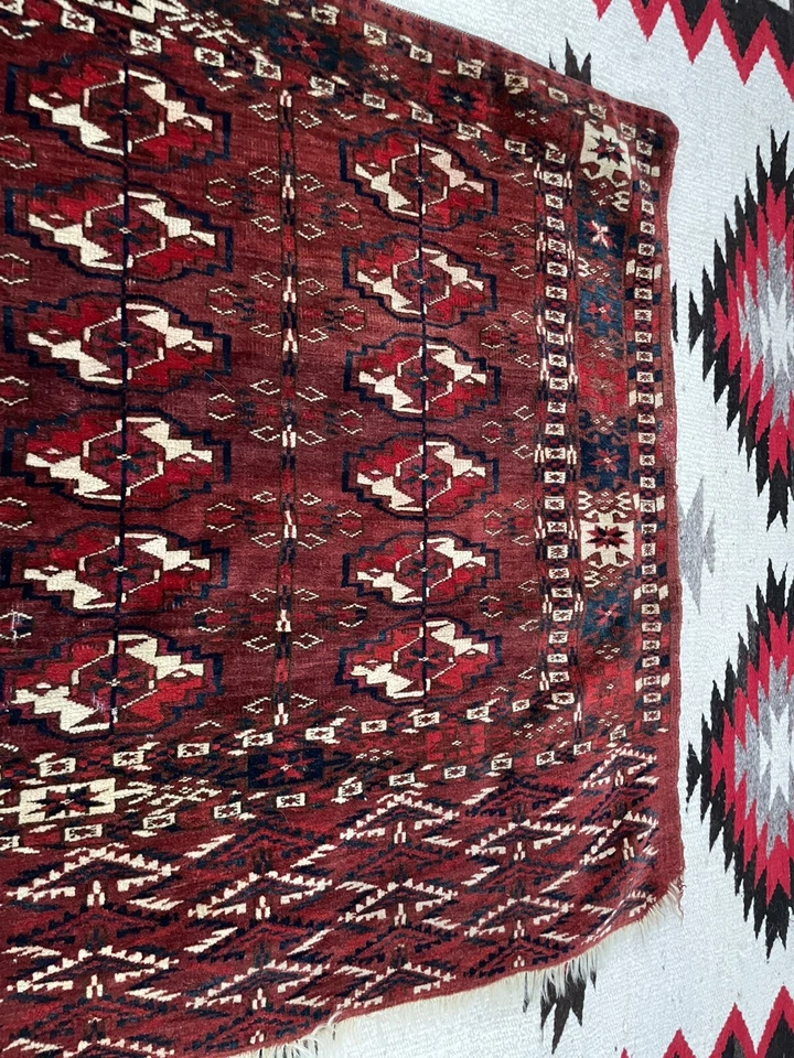 Alfombra antigua Turkomen Tekke Ensi siglo XIX. Artículo de coleccionista turcomano 3x4’ RARA Foto 4 de 4