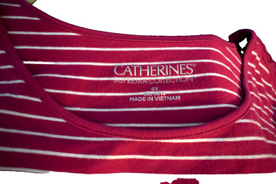 Catherine's PlusSizeTop-4X(30-32)Fuchsia&White Stripes 3/4''Sleeves.BraidShoulder
