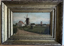 Old Painting In “silver frame”: Town with mill and houses mid 19th.  century