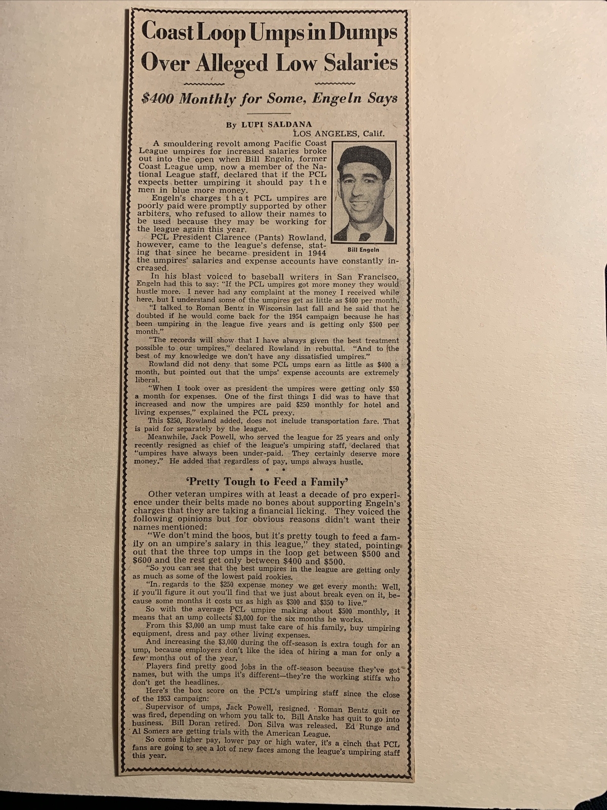 Bill Engeln Umpire Salaries Pacific Coast 1954 Sporting News Baseball