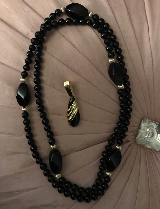 Vintage Richelieu Long Black Beads & Goldtone Black Enamel Pendant Necklace...