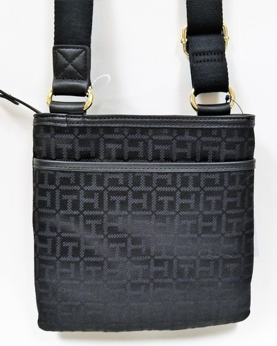 NEW TOMMY HILFIGER BLACK CANVAS+BLACK,WHITE,GRAY STRIPED,GOLD ACCENT CROSSBODY - Picture 6 of 9