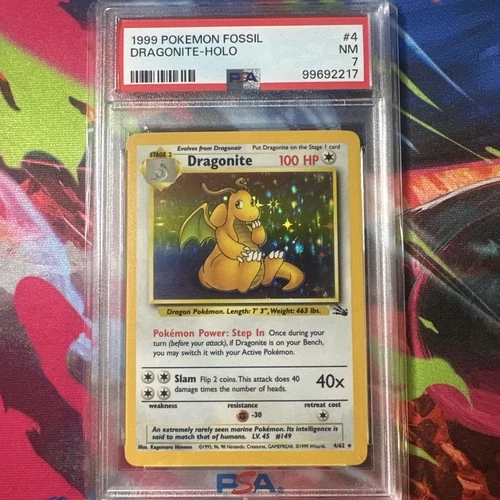 1999 Pokémon Fossil Dragonite Holo PSA 7