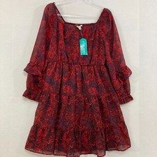 New The Pioneer Woman Large Red Burgundy Floral Ruffle Tiered Dress Elegant