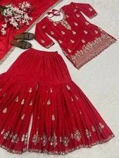 Traditional Style Chinnon Silk Top And Sharara Wirh Dupatta For Festival Wear
