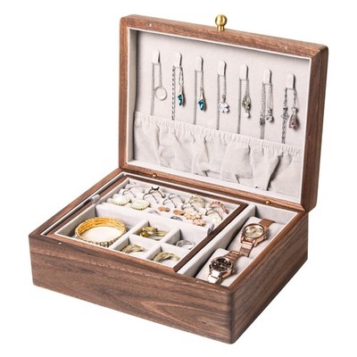 Wooden Jewelry Box, Two Layer Medium Size Real Natural Solid Walnut Wood, Vin...