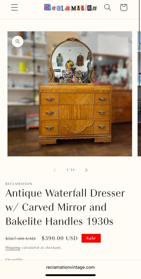 Cómoda antigua cascada de 1930 con espejo tallado y asas de baquelita Foto 3 de 4