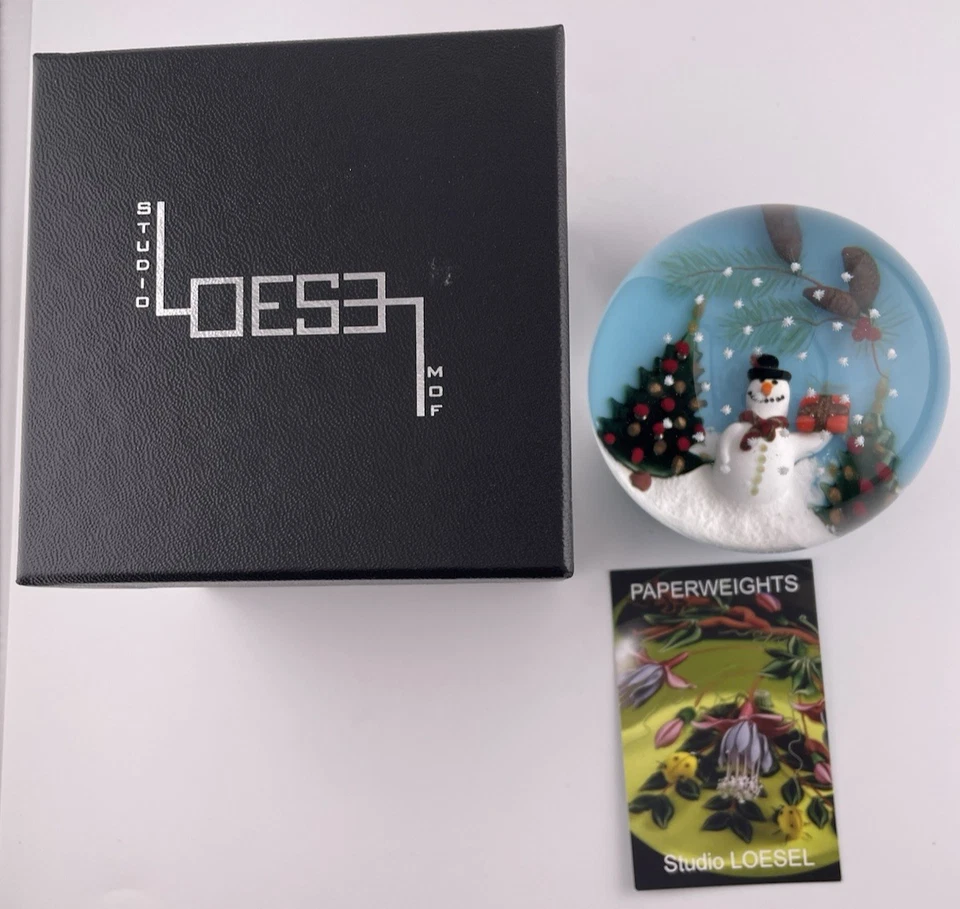 RICHARD LOESEL 2023 Holiday Snowman & Trees Glass Paperweight W/Box 3.4" - image 2 of 4
