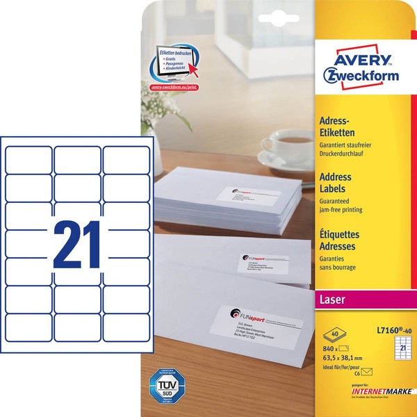 Avery Zweckform Adressetiketten L7160-40 Weiß 63,5 X 38,1 Mm, 40 Blatt-image