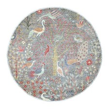 5'8"x5'8" Gray Birds of Paradise Design Hand Knotted Soft Wool Round Rug R20257