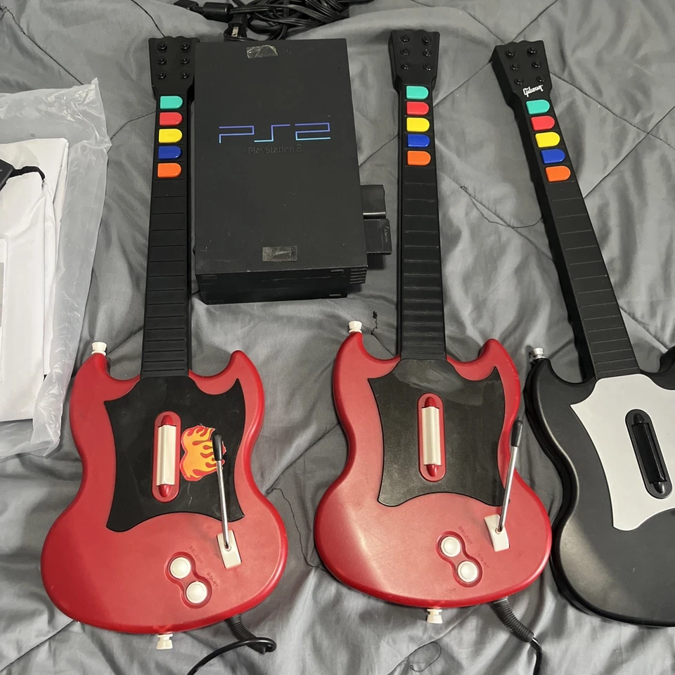 Guitar Hero PS2 Lote 3 Rojo Octano Cableado PS2 Con Juego Y Pelican Dance Mate Foto 2 de 4