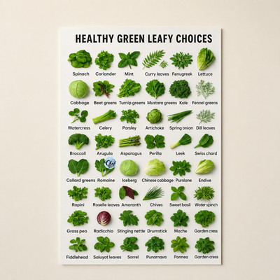 Healthy Green Leafy Vegetables Chart Poster Kitchen Wall Decor | Multiple Sizes