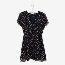 Madewell Silk Button-Front Swing Mini Dress Size 4 Black Feline Floral Soft Girl