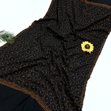 Vintage Black Pure Woolen Shawl Handmade Suzani Long Throw Stole Warm Soft