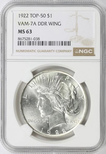 1922 TOP-50 VAM-7A Peace Dollar $1 NGC MS63 DDR Wing