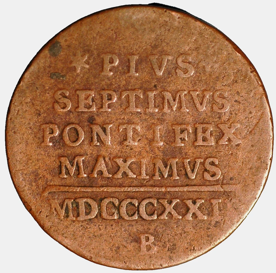 1822 XXII B Italy Papal States 1/2 Baiocco Pius VII KM# 1278 - Image 2 of 2