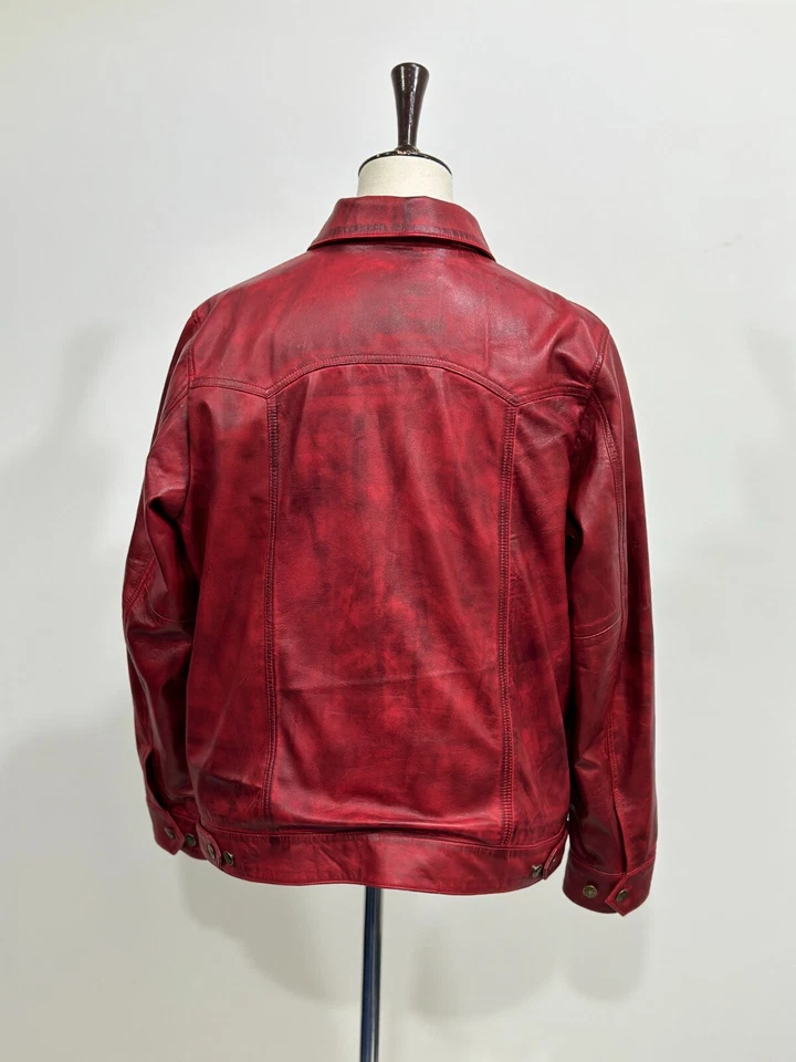 Mens Red Distressed Leather Trucker Jacket, Leather Jacket - Image 4 of 4
