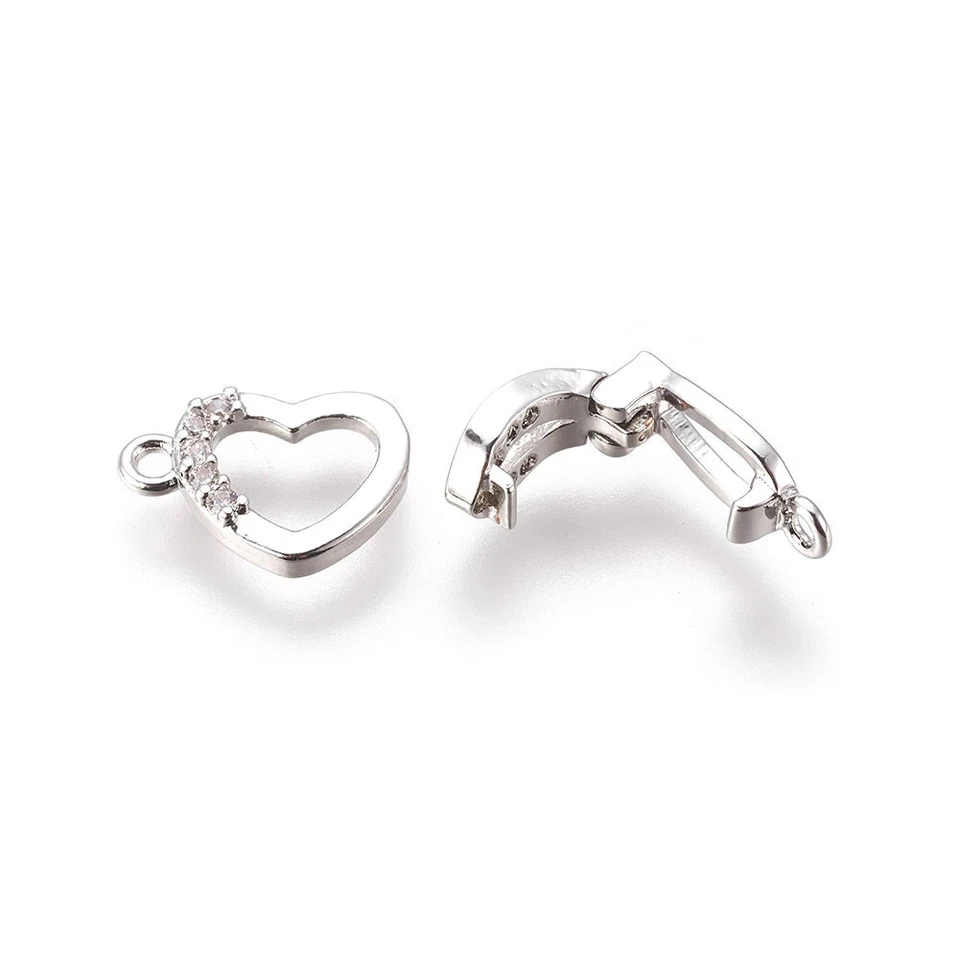 5 Sets Platinum Plated Brass Micro Pave CZ Fold Over Clasps Heart Findings 18mm - Image 2 of 3