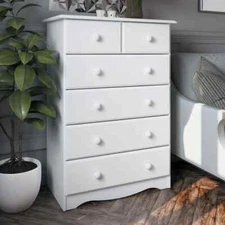 White Finish 6 Drawer Dresser 100% Solid Wood Chest Of Drawers